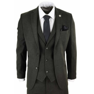 Olivgrüner Tweed-Anzug aus Wolle, 3 Teile - STZ11