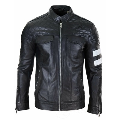 Real Leather Racing Biker Jacket for Men - Black