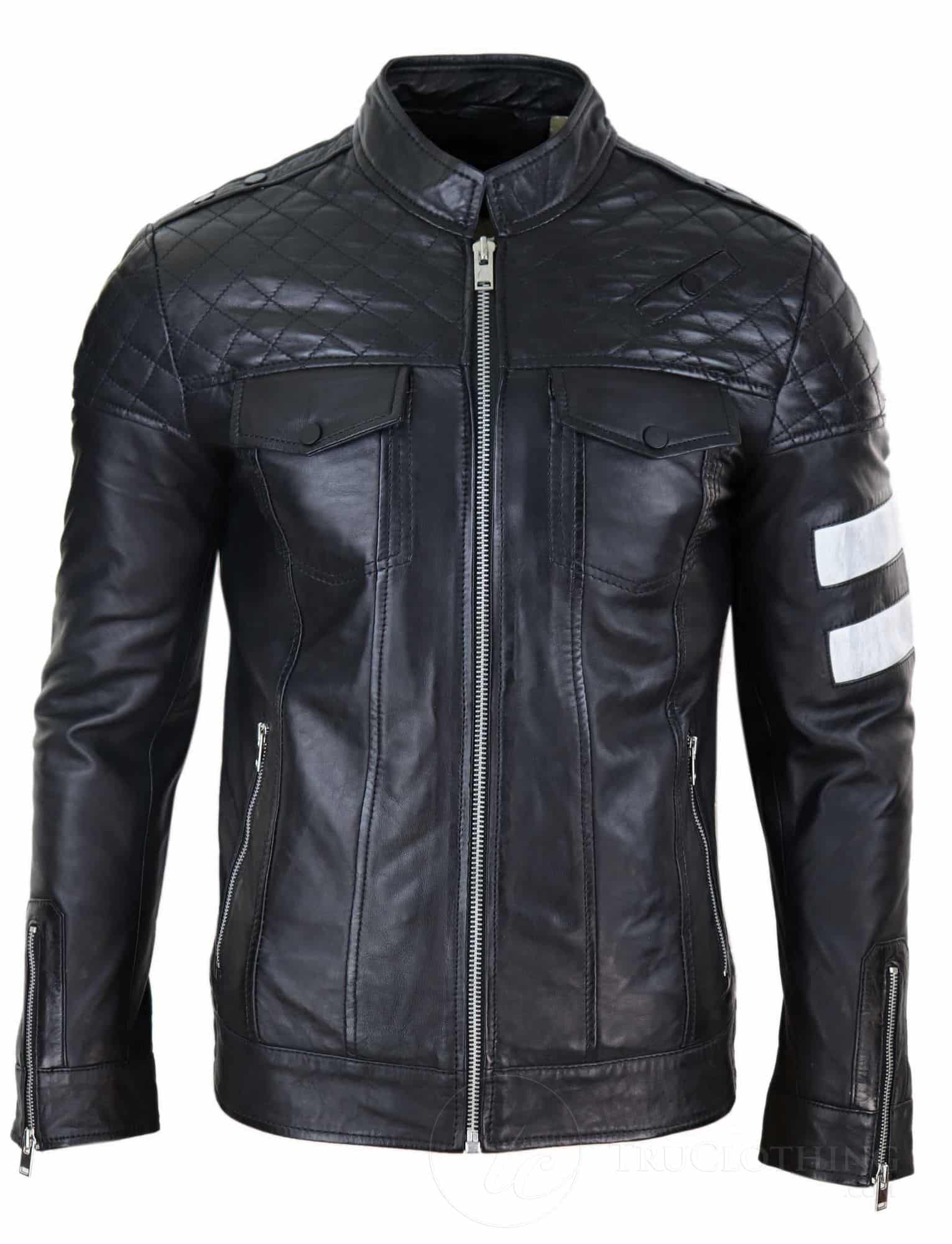 Real Leather Racing Biker Jacket for Men - Black: Buy Online - Happy ...