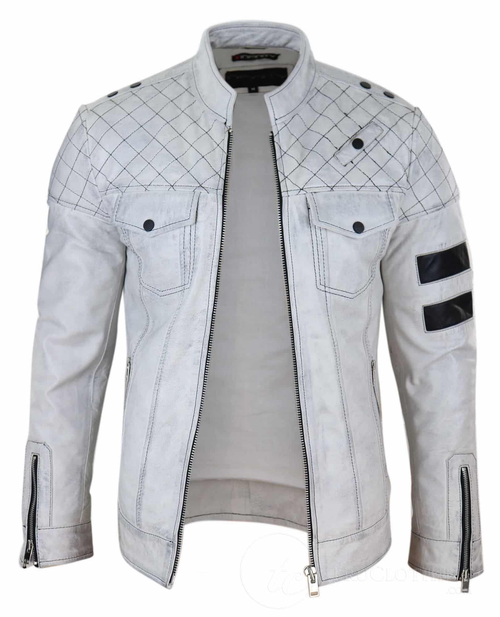 Mens Racing Biker Real Leather Jacket - White | Happy Gentleman