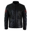 Black Real Leather Mens Bomber Jacket Red Stripes Quilted Slim Fit Casual-Black