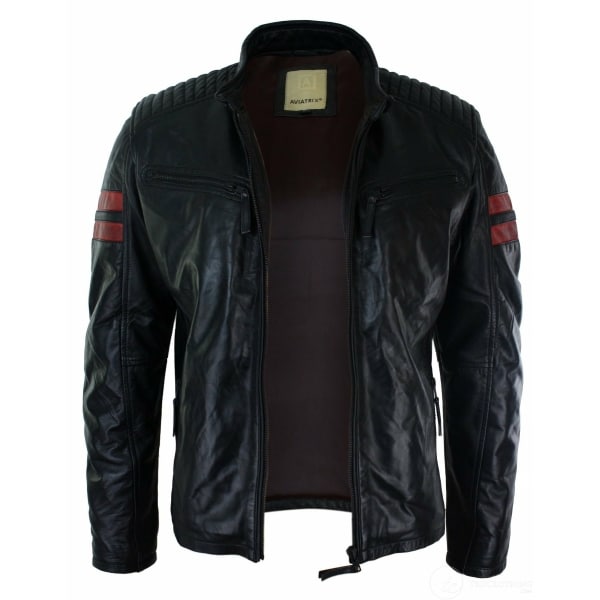 Black Real Leather Mens Bomber Jacket Red Stripes Quilted Slim Fit Casual-Black