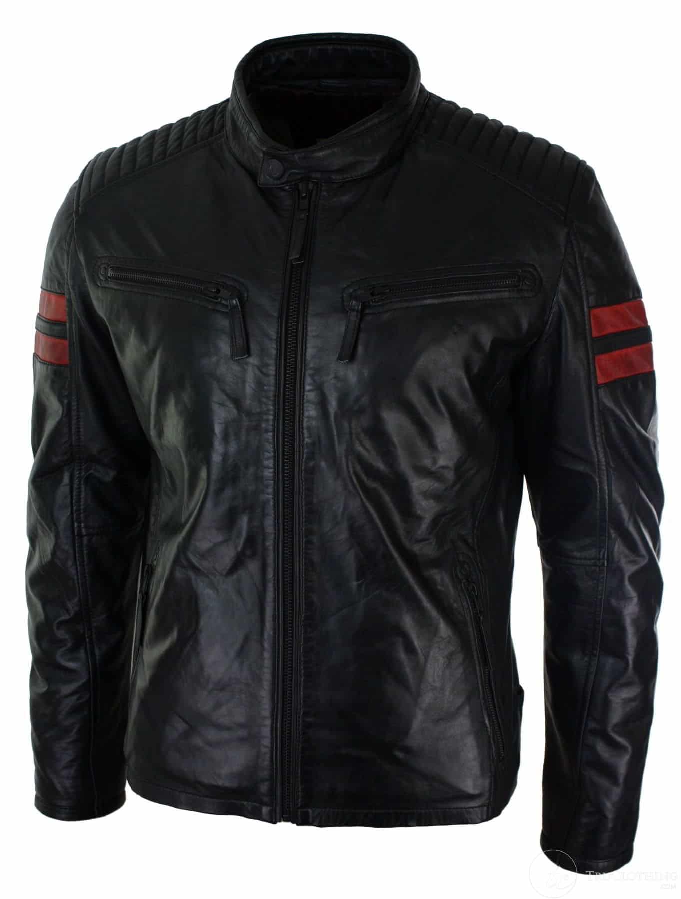 Black Real Leather Mens Bomber Jacket Red Stripes Quilted Slim Fit ...
