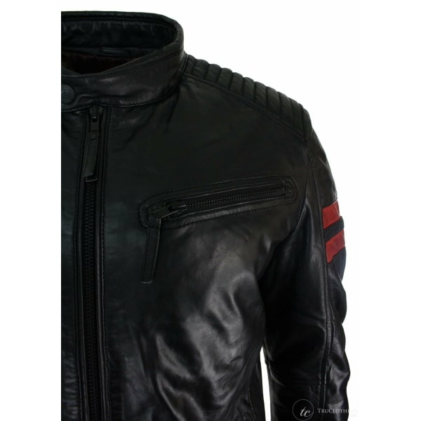 Black Real Leather Mens Bomber Jacket Red Stripes Quilted Slim Fit Casual-Black