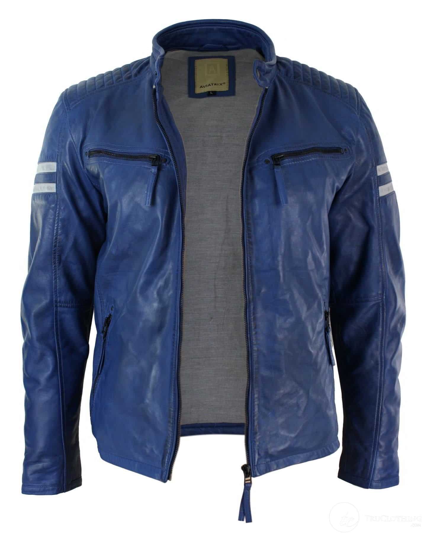 Real Leather Blue Bomber Mens Jacket White Stripes Quilted Slim Fit ...
