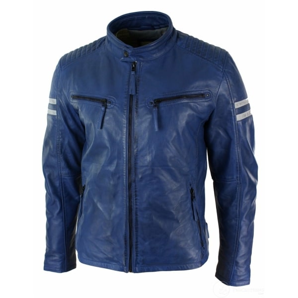 Real Leather Blue Bomber Mens Jacket White Stripes Quilted Slim Fit Casual-Blue
