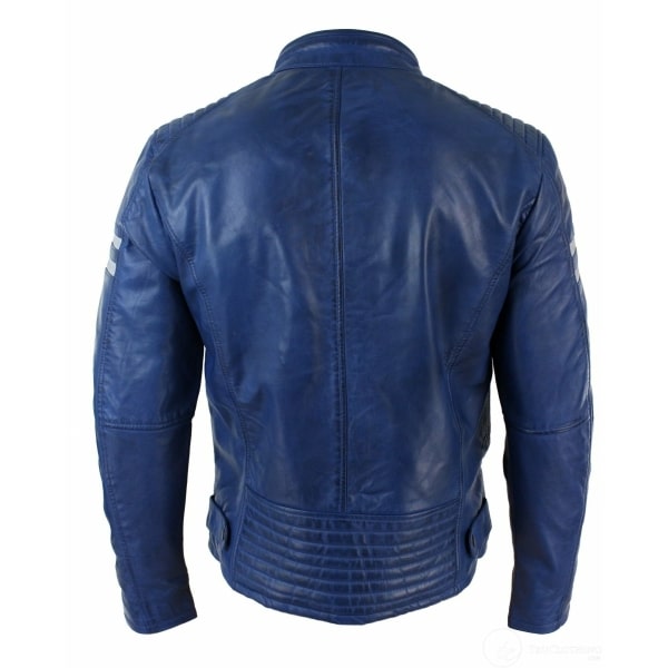 Real Leather Blue Bomber Mens Jacket White Stripes Quilted Slim Fit Casual-Blue