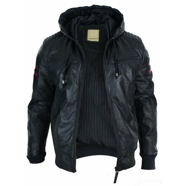 Mens Black Hood Real Leather Bomber Jacket Red Stripes Quilted Slim Fit Casual
