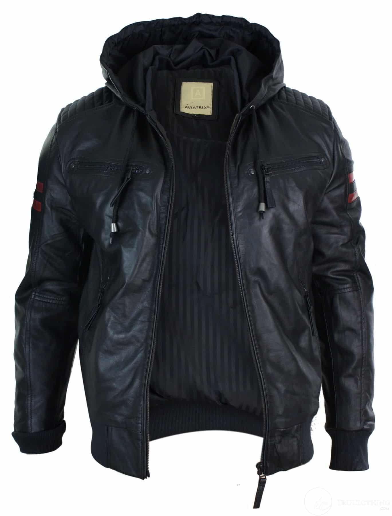 Mens Black Hood Real Leather Bomber Jacket Red Stripes Quilted Slim Fit ...