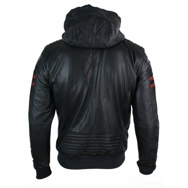 Mens Black Hood Real Leather Bomber Jacket Red Stripes Quilted Slim Fit ...