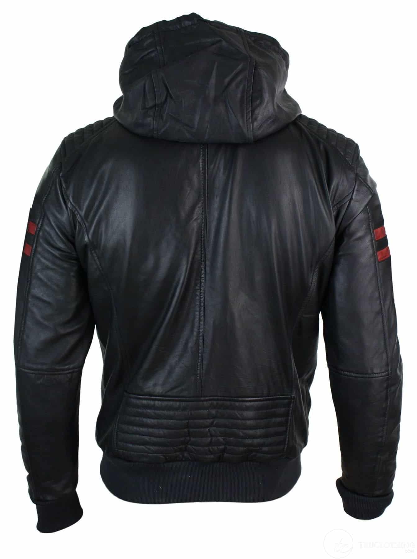 Men's Genuine Real Leather Jacket Black Bomber Winter Hooded Jacket Coat