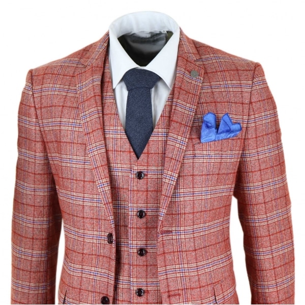 Mens Red 3 Piece Tweed Check Suit