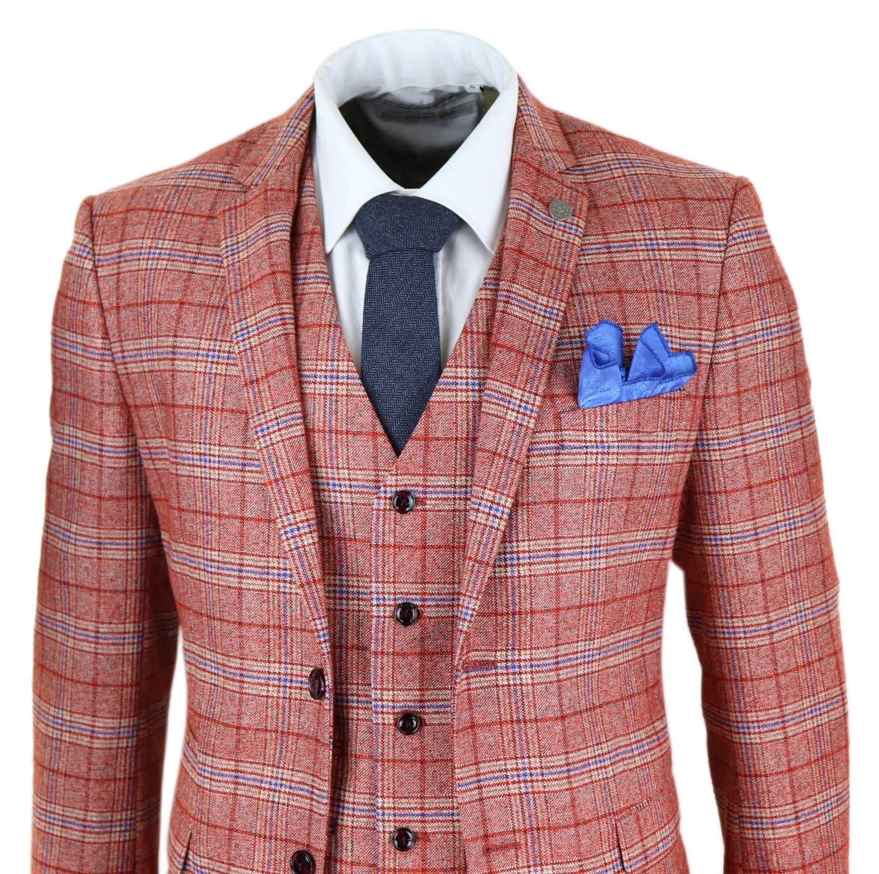 TruClothing.com Mens Wine Maroon Check Herringbone Tweed Vintage Tailored Fit 3 Piece Suit Smart