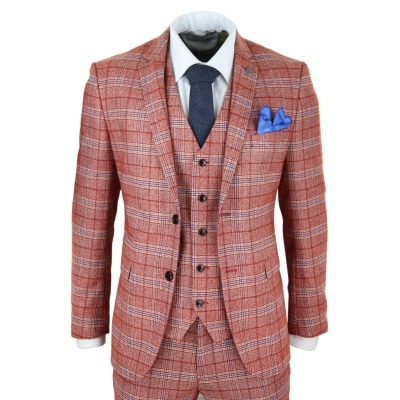 Mens Red 3 Piece Tweed Check Suit