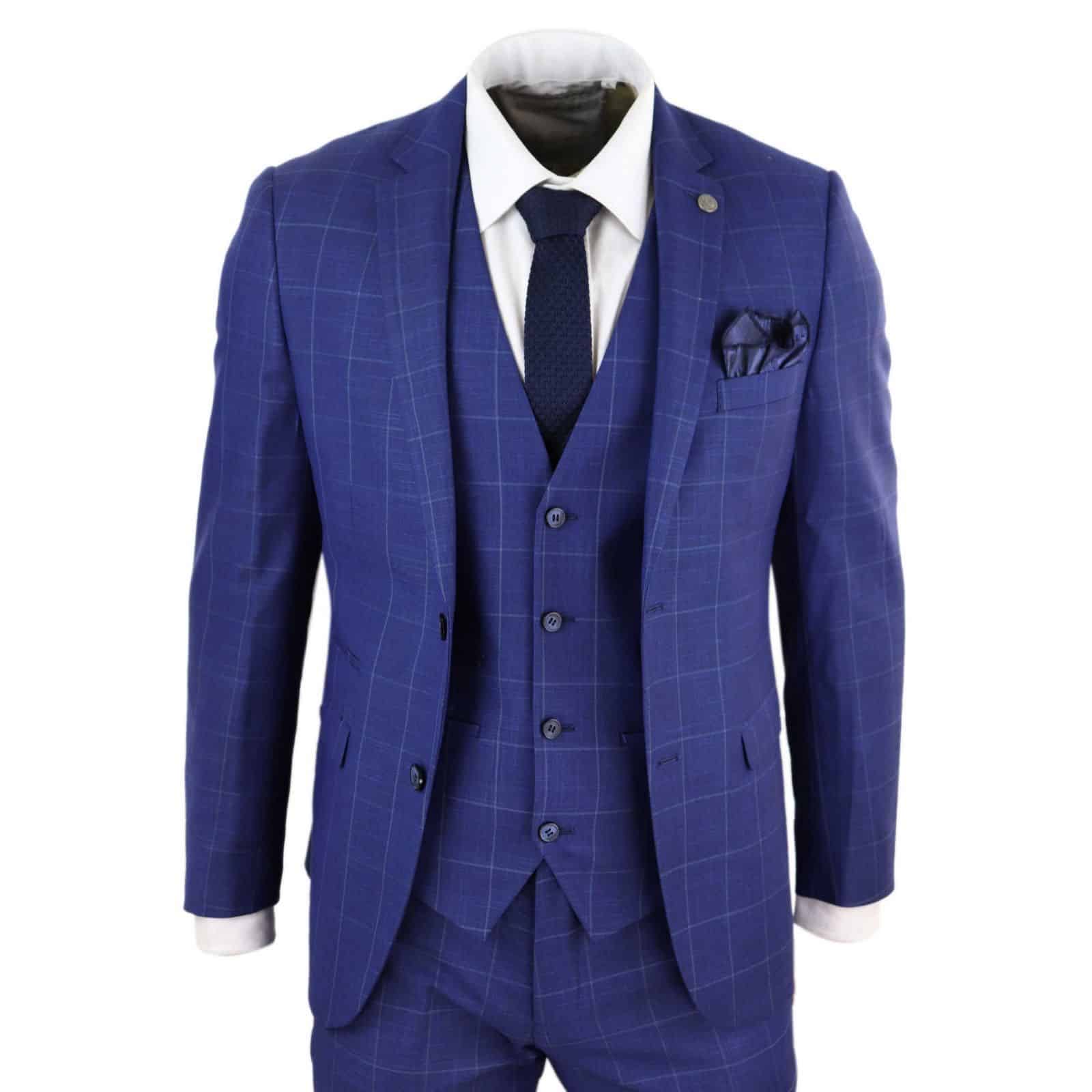 Mens Royal Blue 3 Piece Check Suit - Paul Andrew Rover: Buy Online