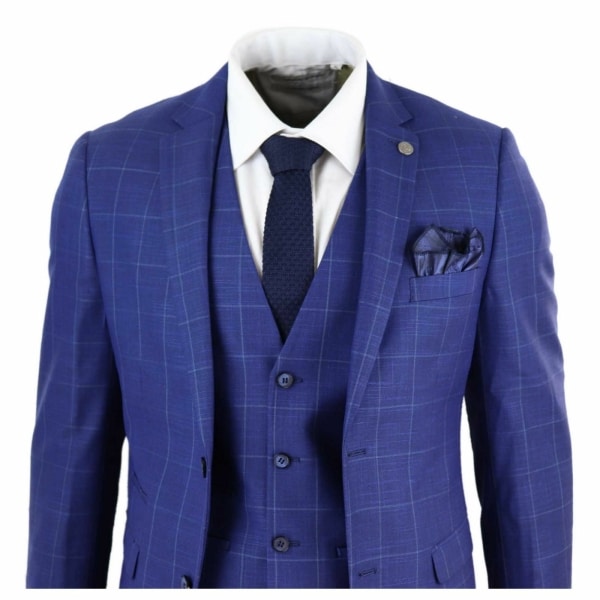 Mens Royal Blue 3 Piece Check Suit - Paul Andrew Rover