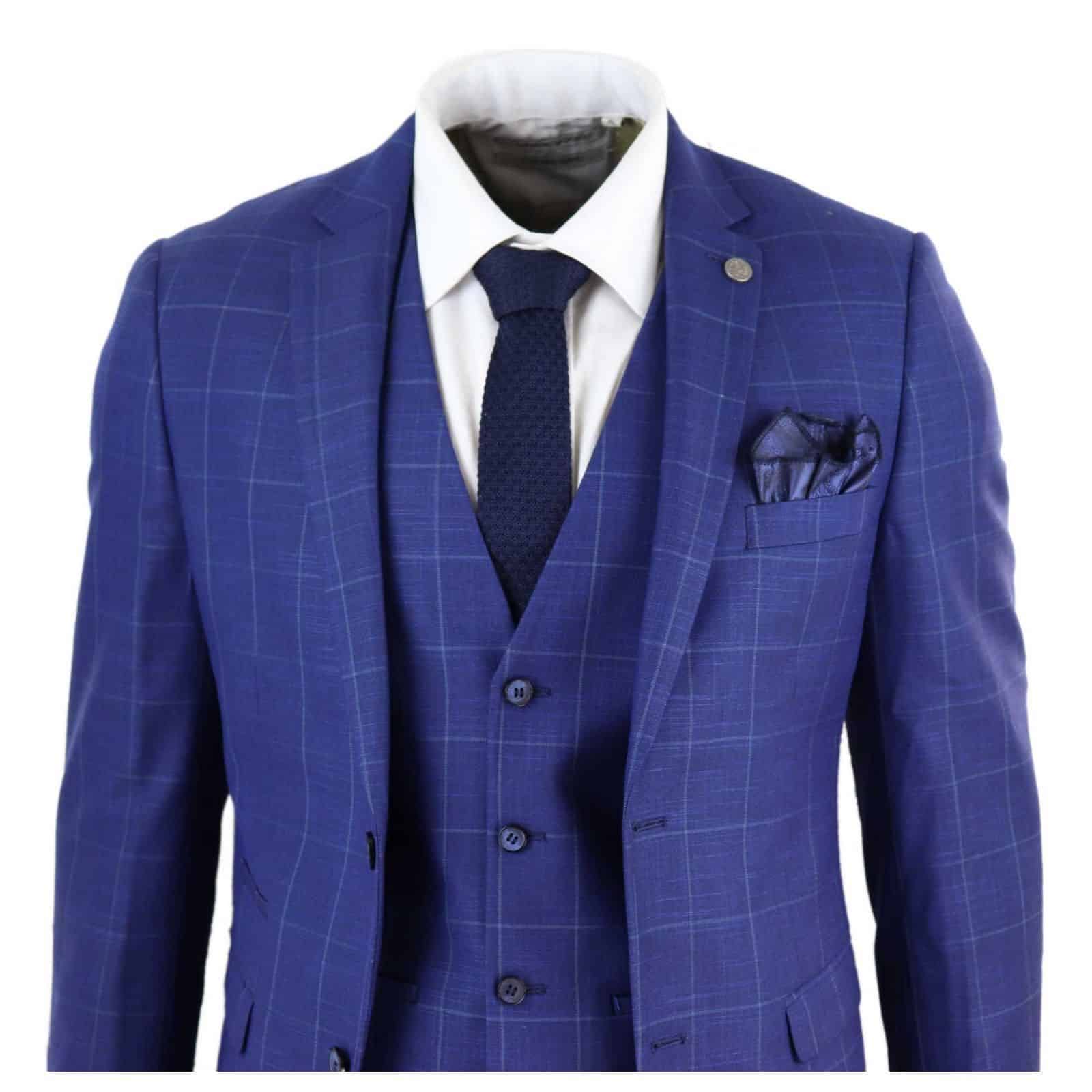 Mens Royal Blue 3 Piece Check Suit Paul Andrew Rover