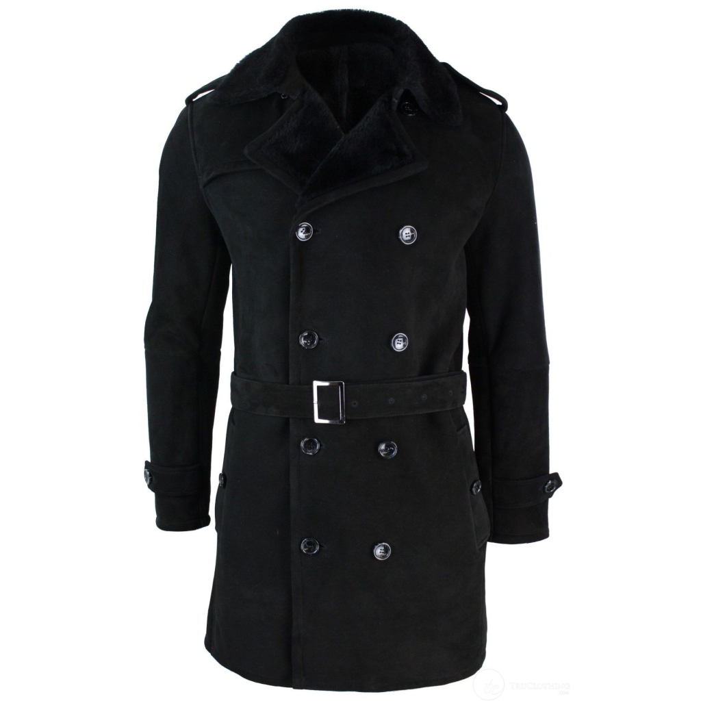 Mens Sherling Sheepskin Black Grey Double Breasted Belted 3/4 Overcoat ...