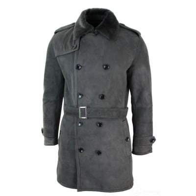 Mens Sherling Sheepskin Black Grey Double Breasted Belted 3/4 Overcoat ...