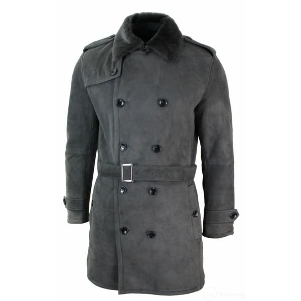 Mens Sherling Sheepskin Black Grey Double Breasted Belted 3/4 Overcoat