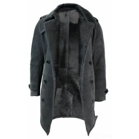 Mens Sherling Sheepskin Black Grey Double Breasted Belted 3/4 Overcoat ...