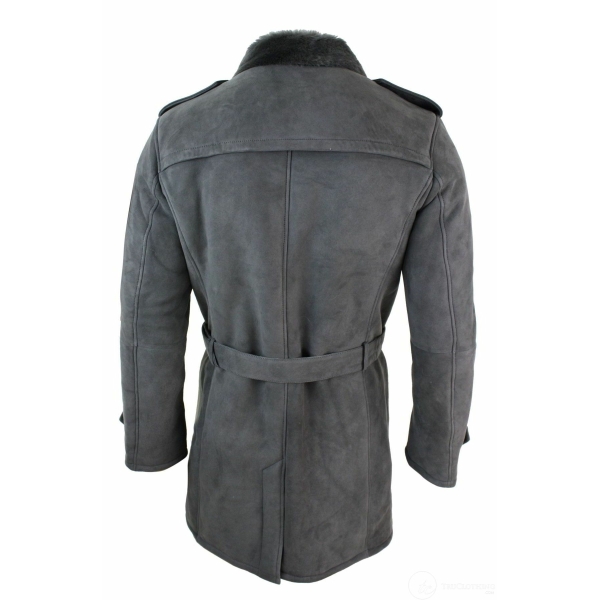 Mens Sherling Sheepskin Black Grey Double Breasted Belted 3/4 Overcoat
