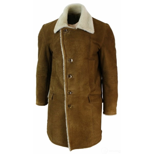 Mens Sherling Sheepskin Tan Brown 3/4 Overcoat Vintage Retro Winter Warm