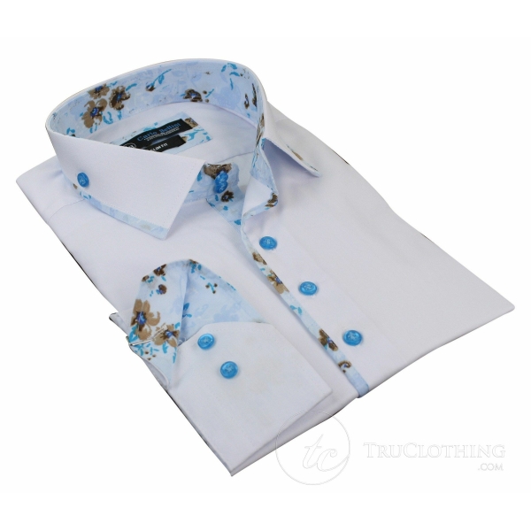 Mens Slim Fit Designer Italian Button Collar Shirt Paisley Floral Smart Casual