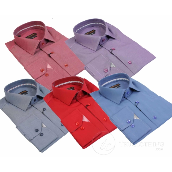 Mens Slim Fit Smart Designer Button Collar Shirt Red Blue Purple Pink Denim
