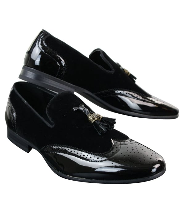 Patron 239-10 Mens Slip On Tassel Driving Shoes Shiny Black Patent Leather PU Suede Loafers