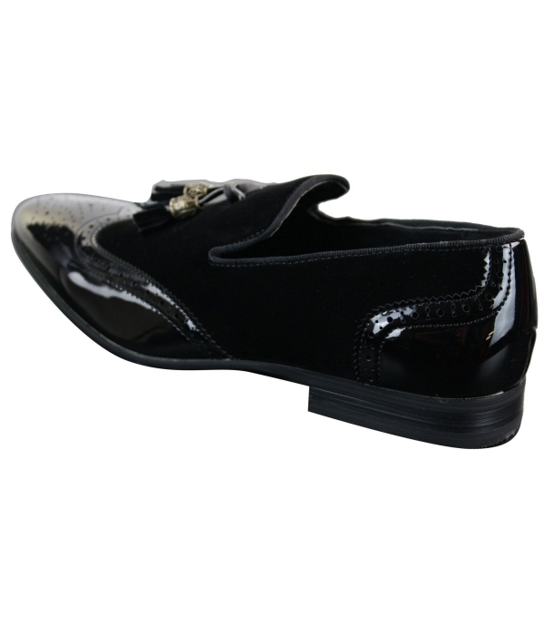 Patron 239-10 Mens Slip On Tassel Driving Shoes Shiny Black Patent Leather PU Suede Loafers