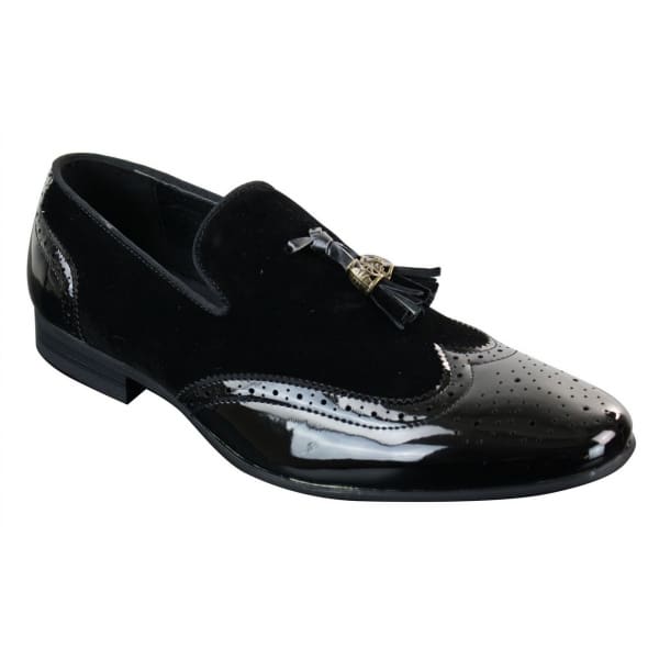 Patron 239-10 Mens Slip On Tassel Driving Shoes Shiny Black Patent Leather PU Suede Loafers