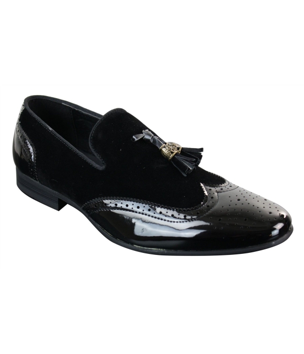 Patron 239-10 Mens Slip On Tassel Driving Shoes Shiny Black Patent Leather PU Suede Loafers