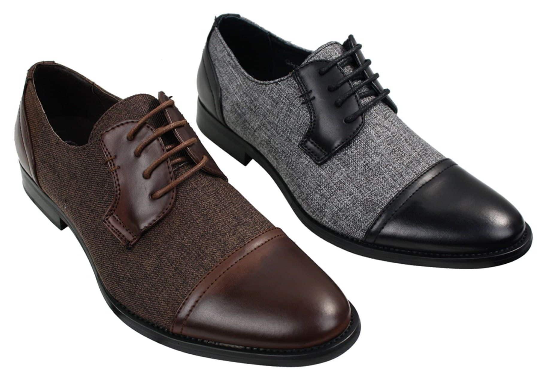 Mens Smart Casual Laced Tweed & Leather Laced Shoes Vintage Retro 