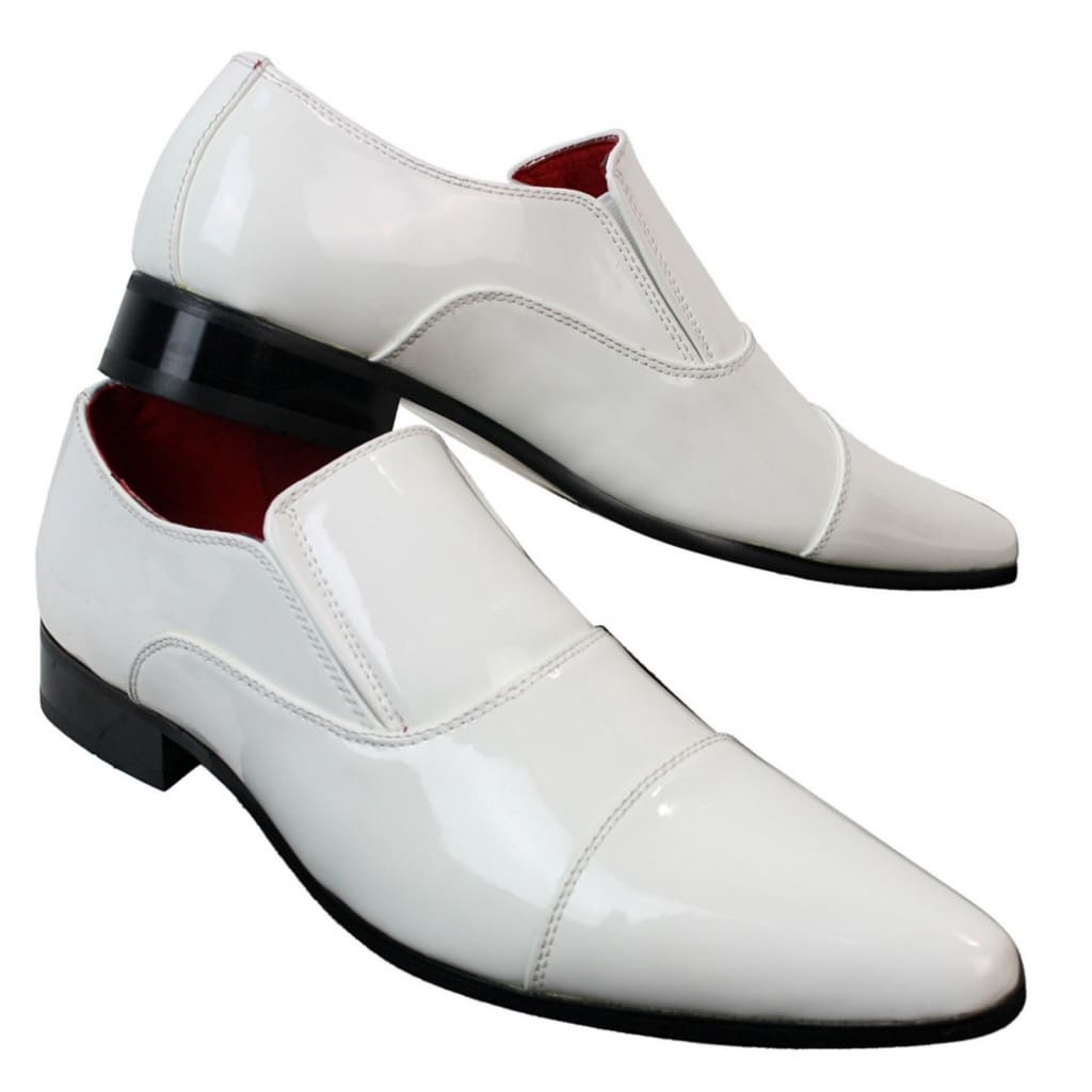 Mens Smart Formal Slip On White Patent Shiny Shoes Leather Lined ...