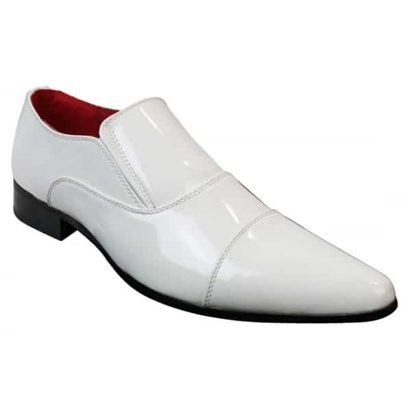 Mens Smart Formal Slip On White Patent Shiny Shoes Leather Lined Italian