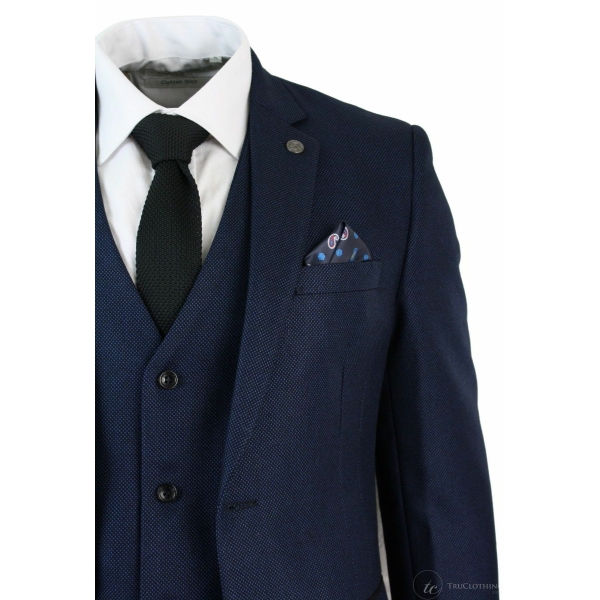 Mens Tailored Fit 3 Piece Blue Black Smart Formal Designer Suit Wedding Party