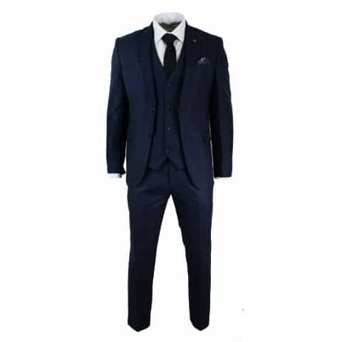 Mens Tailored Fit 3 Piece Blue Black Smart Formal Designer Suit Wedding ...