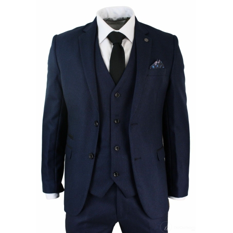 Mens Tailored Fit 3 Piece Blue Black Smart Formal Designer Suit Wedding ...