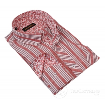Mens White Red Stripe Shirt Button Collar Linen Light Smart Casual
