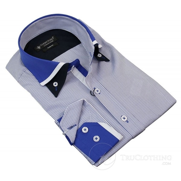 Mens White Stripe Italian Double Collar Button Shirt Slim Fit Smart Casual