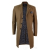Mens Winter Over Coat 3/4 Trench Jacket Herringbone Long Velvet Trim Button-Tan