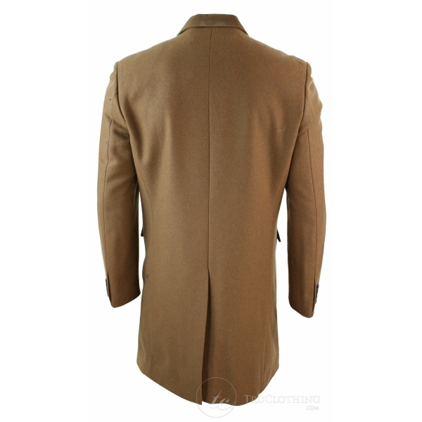 Mens Winter Over Coat 3/4 Trench Jacket Herringbone Long Velvet Trim Button-Tan