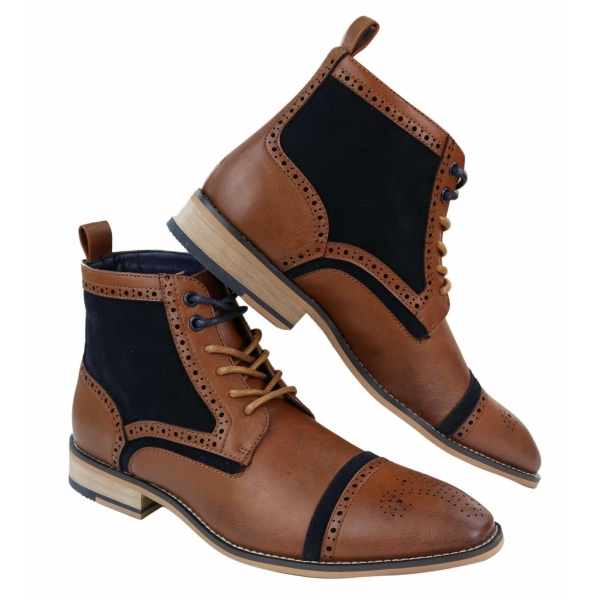 Mens Tan/Navy Leather & Velvet Akle Boots