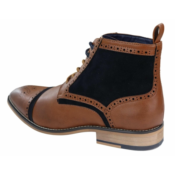 Mens Tan/Navy Leather & Velvet Akle Boots