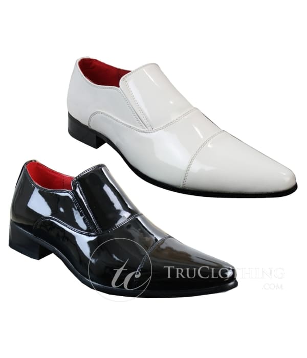 Mens Smart Formal Slip On White Patent Shiny Shoes Leather Lined Italian