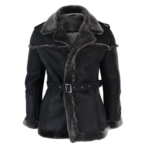 Infinity Ozzy Mens Double Breasted Real Sherling Navy Captain Sheepskin Jacket Belted Grey Black