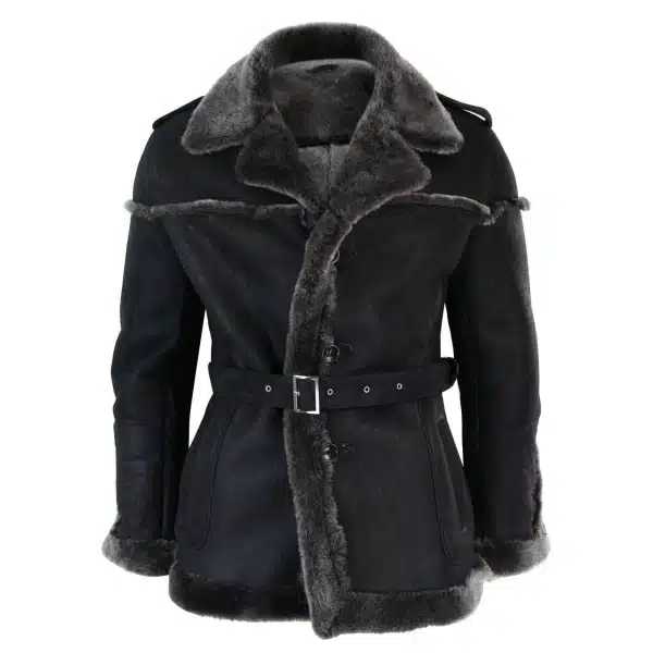 Infinity Ozzy Mens Double Breasted Real Sherling Navy Captain Sheepskin Jacket Belted Grey Black