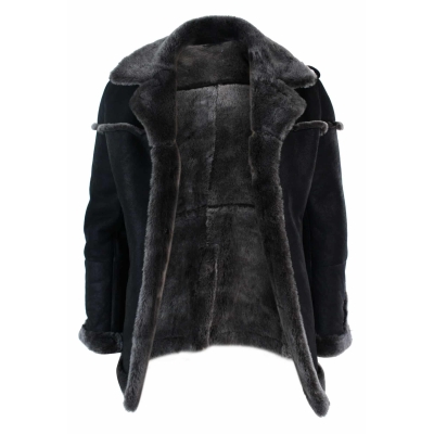 Infinity Ozzy Mens Double Breasted Real Sherling Navy Captain Sheepskin Jacket Belted Grey Black