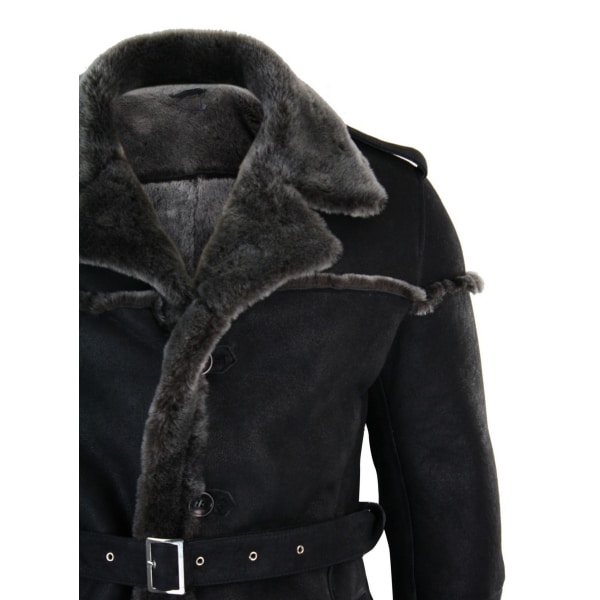 Infinity Ozzy Mens Double Breasted Real Sherling Navy Captain Sheepskin Jacket Belted Grey Black